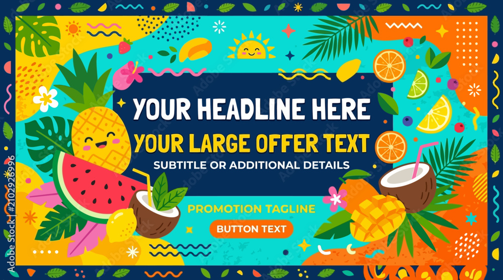 Fototapeta premium Vibrant Tropical Summer Fruit Background Featuring Colorful Illustrations and Decorative Patterns for Seasonal Promotional Sales and Retail Marketing Designs