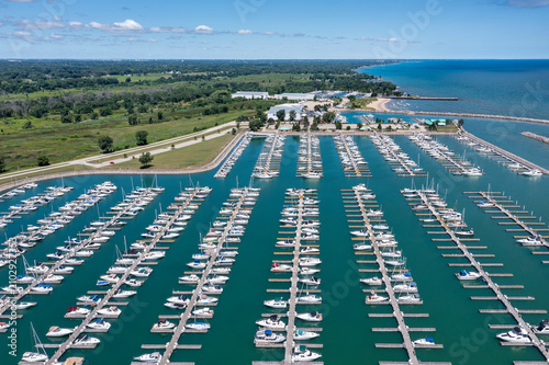 Aerial View of Boats in a Marinia along Lake Michigan