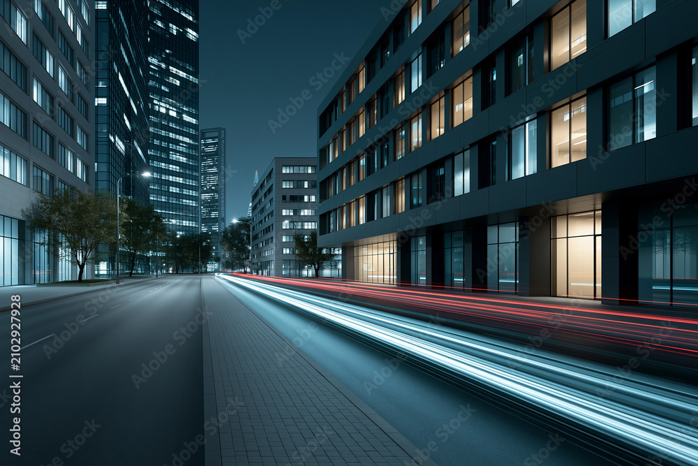 Obraz premium City street at night with lights and buildings
