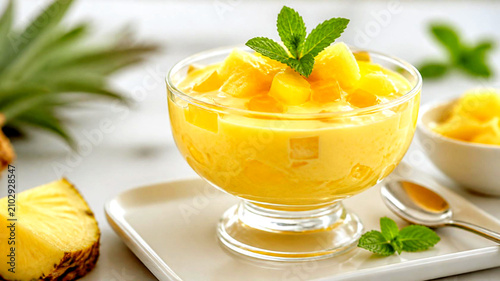 Smooth Mango Cream Dessert with Mint Garnish in Glass Bowl