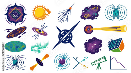 Flat Vector Astronomy and Space Science Icons Set. Celestial Bodies, Physics Phenomena, and Research Symbols.
