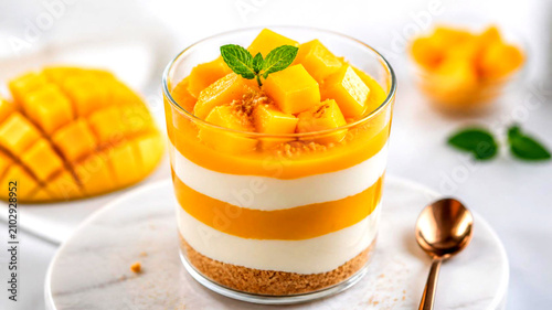 Fresh Mango Custard Dessert in Glass Cup with Mint on White Background