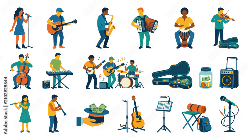 Fototapeta premium Music Industry Flat Vector Icons Set with Musicians, Musical Instruments and Entertainment Elements