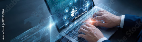 Cuadro en lienzo Data scientist is diligently managing neural models using laptop for the Machine Learning network protocols to ensure absolute data accuracy