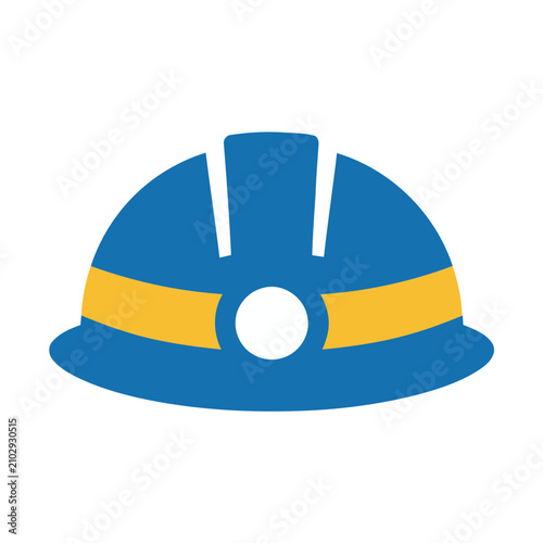 Blue hard hat with yellow band and white circle