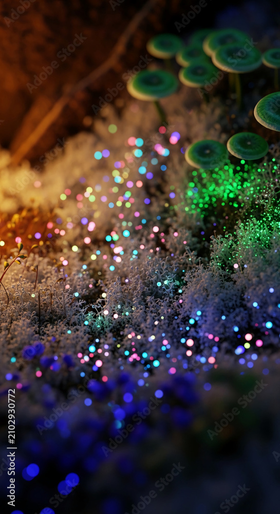 Obraz premium Enchanted forest floor with glowing mushrooms and sparkling bokeh lights, symbolizing magic, mystery, and fantasy