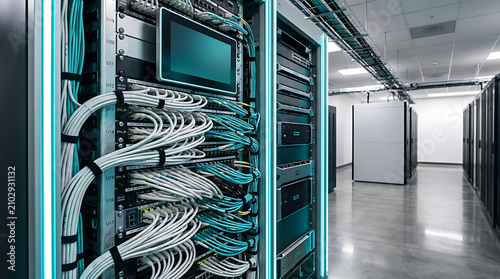 Ethernet network patch wire cables plugged in system router server cabinet rack