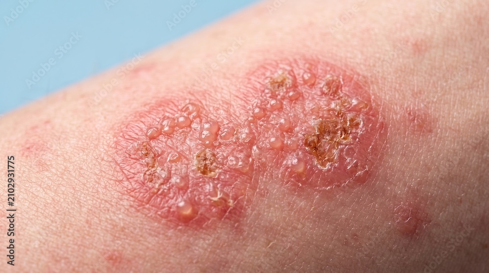 Fototapeta premium Macro close up of severe blistering red rash indicating shingles or poison ivy allergic reaction