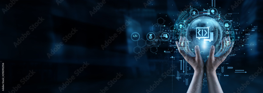 Fotografie Computational linguist and coders holding hands creating NLP semantic network models to translate complex human language