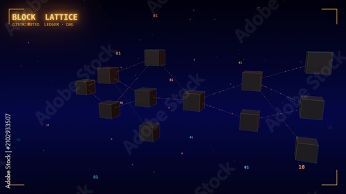 Block lattice dag ledger graph, blockchain and distributed ledger concept 3D animation, seamless loop.