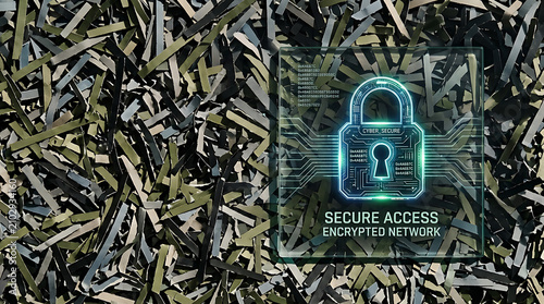 Shredded paper fragments texture showing virtual glowing blue padlock overlay graphics