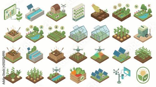 Isometric illustration of sustainable agriculture and eco friendly farming concepts.