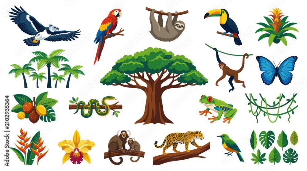 Fototapeta premium Rainforest Jungle Animals and Tropical Plants Flat Vector Illustration Set for Nature Wildlife Education