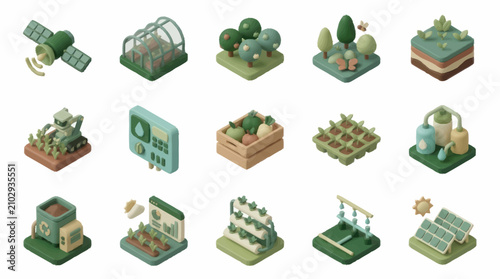 Isometric illustration of modern eco friendly farming and gardening concepts.