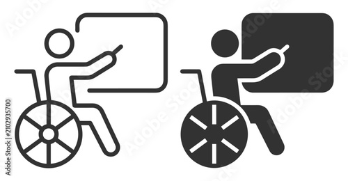 wheelchair user teaching with pointer at presentation board flat vector icons on transparent background