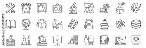education and school thin line icons set with study, learning, science, art and online teaching symbols on transparent background