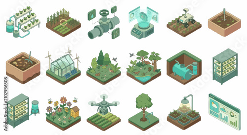 Isometric pixel art collection of eco friendly farming and gardening scenes.