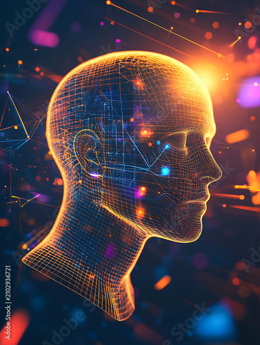 Digital Human Head Wireframe with Glowing Neural Connections.