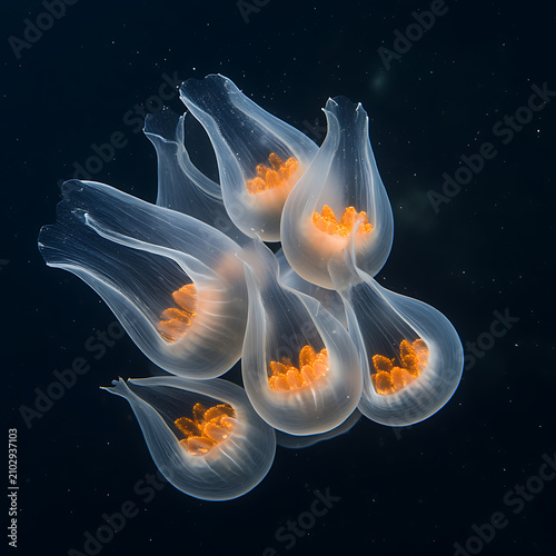 Group of Deep Sea Jellyfish with Glowing Orange Centers in Dark Water.
