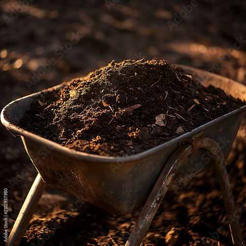 Wheelbarrow Filled with Rich Compost and Garden Soil for Planting.