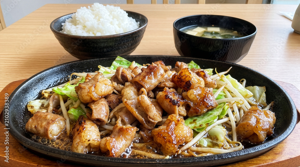 Fototapeta premium 鉄板で熱々！ご飯が進むホルモン定食