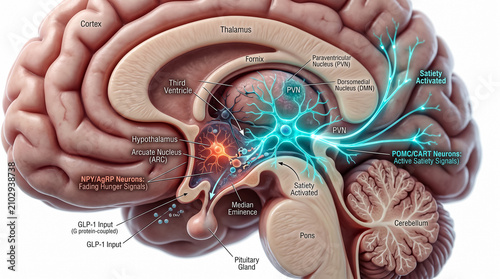 Anatomical brain diagram showing neurochemical pathways of satiety activation with glowing neural network synapses controlling food intake.