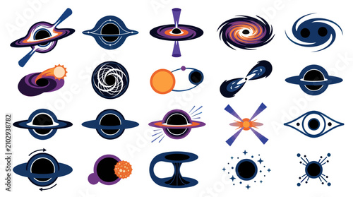 Flat Vector Black Hole and Galaxy Icons Set. Modern Space Astronomy Science Cosmic Universe Design Elements.