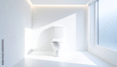 Minimalist white bathroom with modern toilet and sunlight shadows.