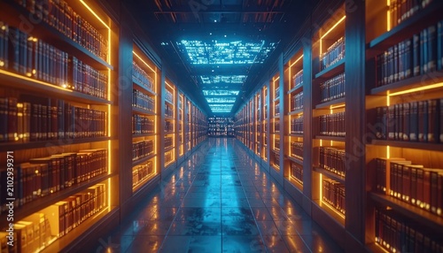 Modern data center corridor with vibrant glowing server racks.
