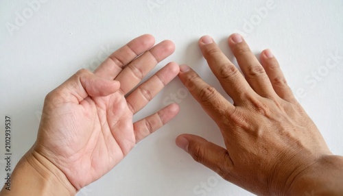 One palm open and one hand back against wall.