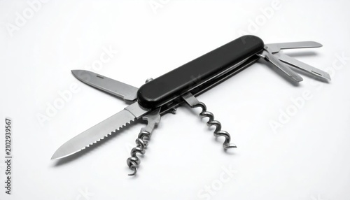 Open black multi-tool pocket knife on white background.