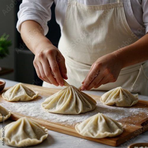 Chef's hands preparing traditional khinkali dumplings on a wooden board with flour dusting.