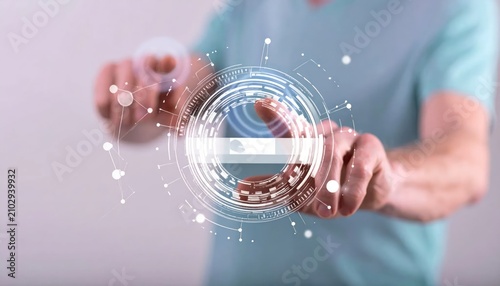 Person touching futuristic circular holographic digital interface.