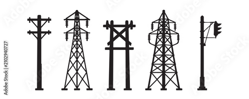 Set of electrical power transmission tower silhouettes and utility pole icons on gray grid.