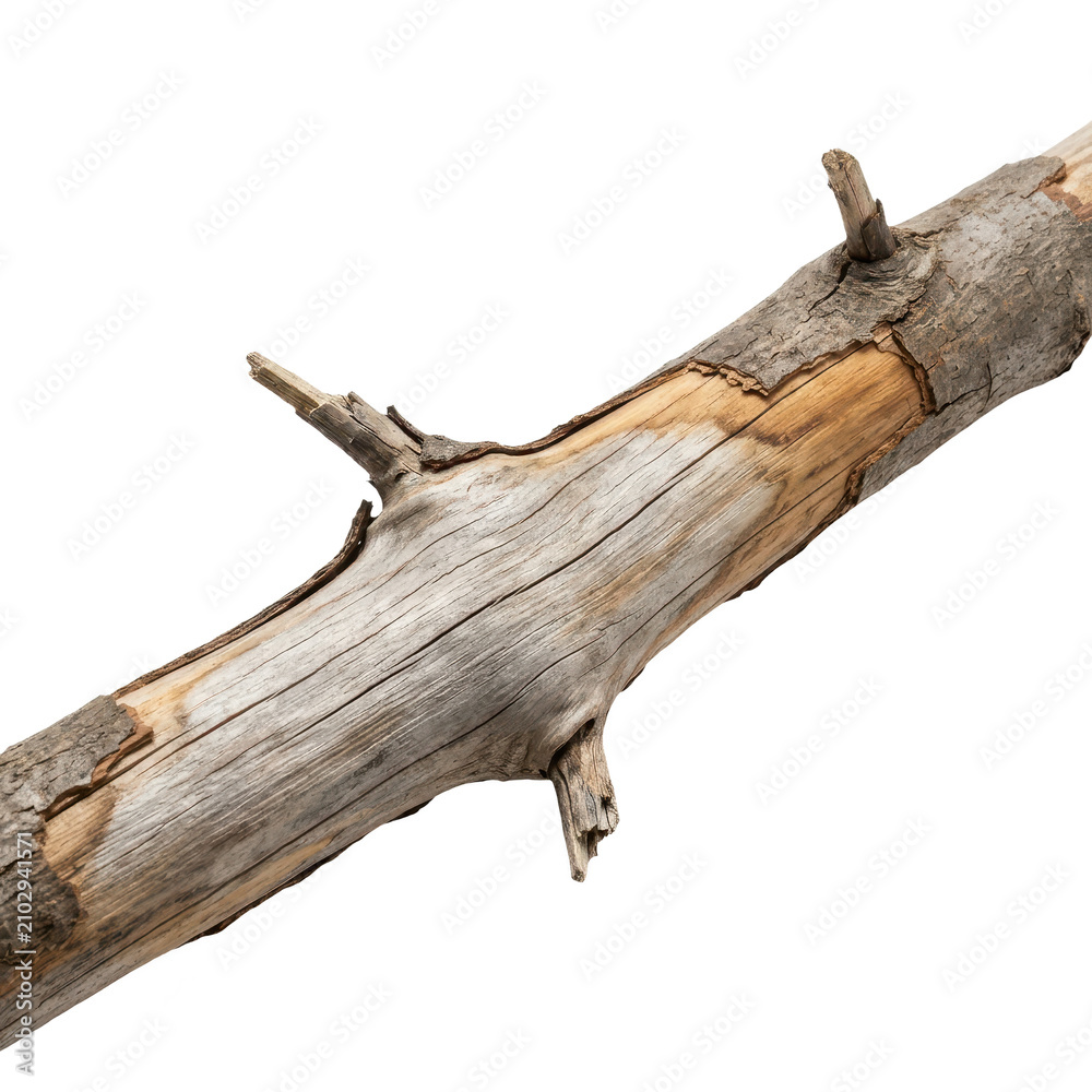 Fototapeta premium Dead tree branch with intricate wood grain texture. Isolated weathered bark and natural decay for design projects.