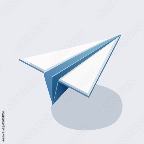 Isometric paper plane icon floating on light background.