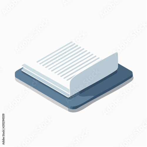 Isometric paper stack on dark blue tray