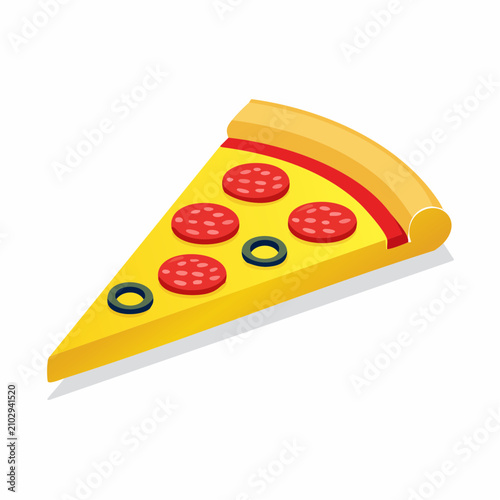 Isometric pepperoni pizza slice with black olive toppings.