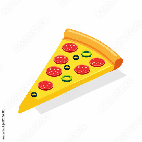 Isometric pepperoni pizza slice with green olive rings.