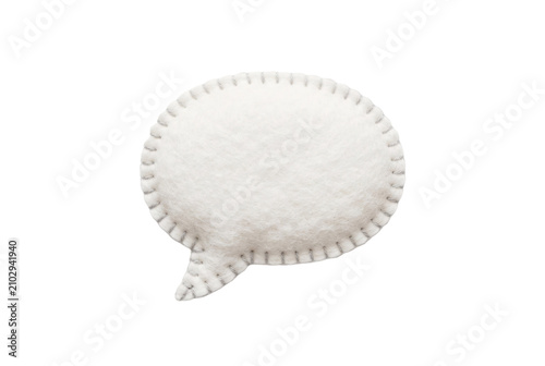 Clean white felt speech bubble featuring delicate hand-stitched details along its rounded border.