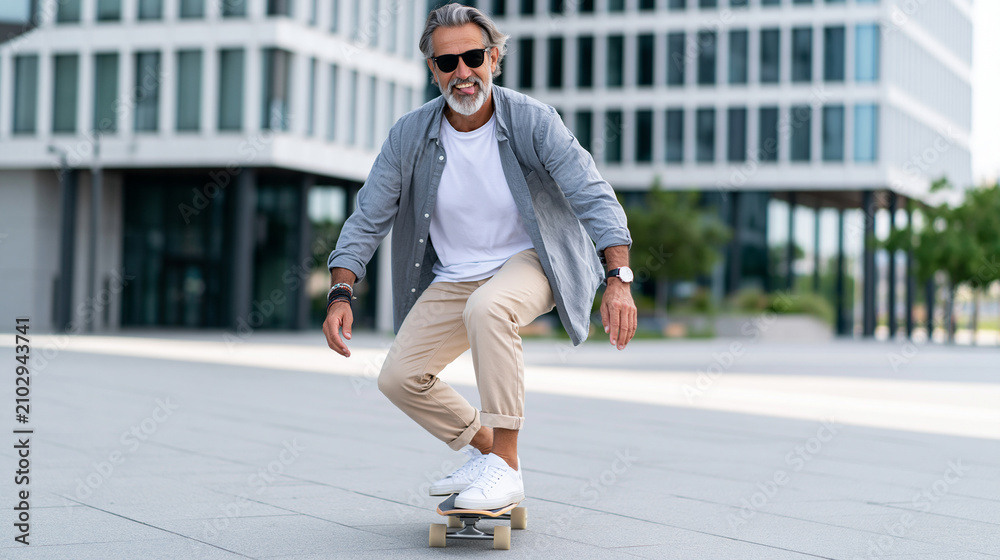 Obraz premium A man in his 60s skateboarding casually along a modern city plaza, natural motion, confident and playful expression, bright daylight, with copy space.