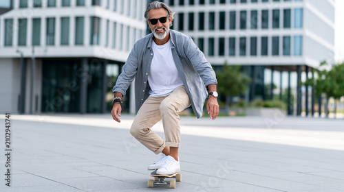A man in his 60s skateboarding casually along a modern city plaza, natural motion, confident and playful expression, bright daylight, with copy space.