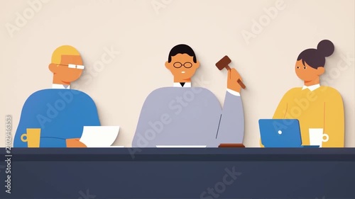 Judges with Auction Gavel in Courtroom Legal Desk 2D Animation – Justice System, Trial, Law Enforcement, and Judgment Concept