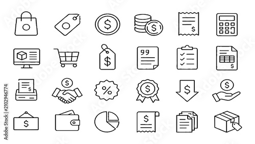 Finance and Business Document Line Editable Icon Set with Shopping, Invoice and Payment Symbols