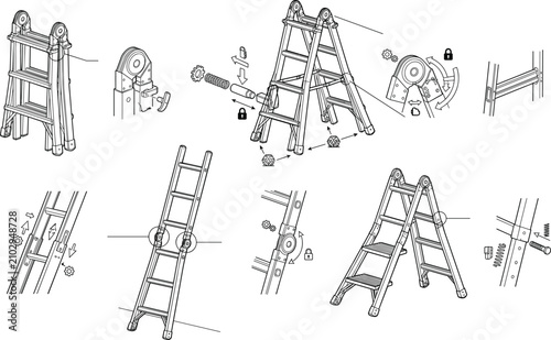 Technical vector illustration of a multi-position articulated ladder showing folding mechanisms and extension configurations