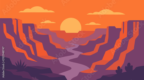 Vast desert canyon at sunset with glowing orange cliffs, winding river, purple shadows, stylized mesas, warm sky, serene Southwest landscape vector illustration for travel and nature design