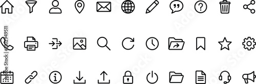 Black outline user interface icons including home, filter, user, location, email, search, settings, calendar, download, upload, and communication symbols