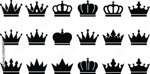 Foto Black crown silhouette icons in multiple styles including pointed, arched, ornam
