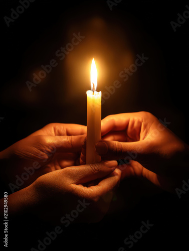 Three young smooth hands holding a glowing candle, universal symbol of interfaith prayer, peace and unity