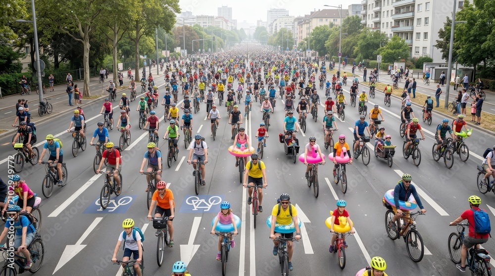 Obraz premium Healthy lifestyle concept showing a parade of bicyclists and families in a city mass bicycle race.